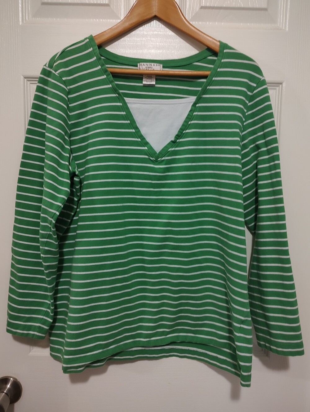 Hannah Green and White Striped Long Sleeve V-Neck Top